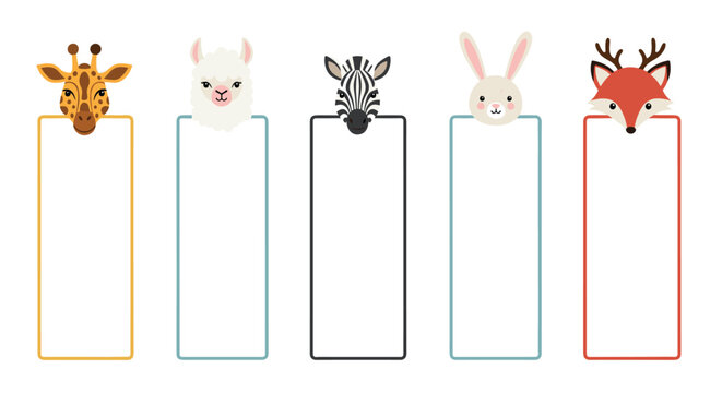 Set of cute animal bookmark card templates featuring giraffe, alpaca, zebra, bunny rabbit, and deer on white background.