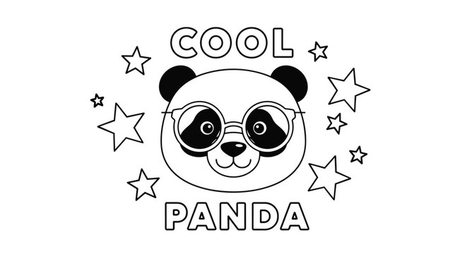 Cute cartoon panda face wearing retro eyeglasses surrounded by multiple black outline stars with the text Cool Panda.