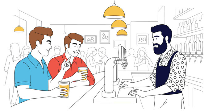 Friendly bearded bartender serving glasses of draft beer to two happy male customers chatting at a pub counter.