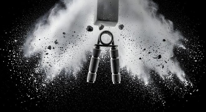 Metal hand gripper with chalk powder explosion, fitness strength training equipment on black background, athletic power and grip exercise concept
