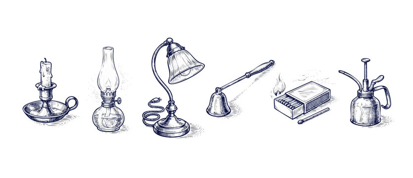 Vintage light source illustrations set featuring retro candlestick, kerosene oil lamp, electric desk lamp, candle snuffer, burning match in matchbox, and classic oil can. Engraving style old line art.