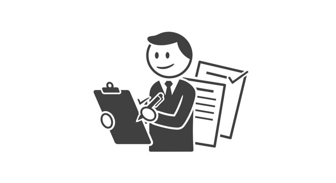 Happy professional man in a suit holding a clipboard and pen, diligently working with documents, symbolizing productivity and organization on an isolated white background.