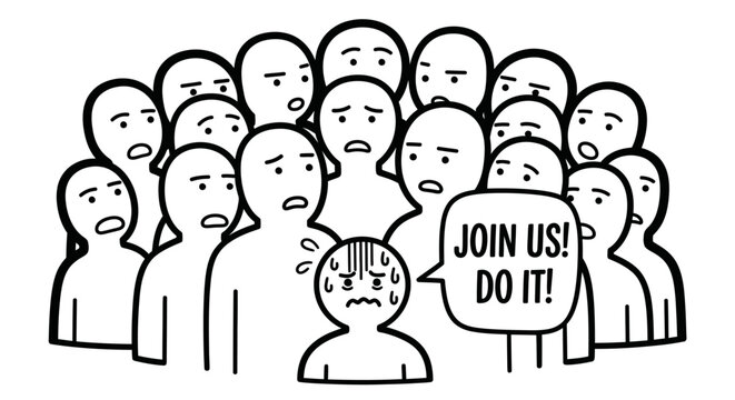 Large crowd of stick figures with one person feeling stressed from peer pressure and a "JOIN US! DO IT!" speech bubble on an isolated white background.