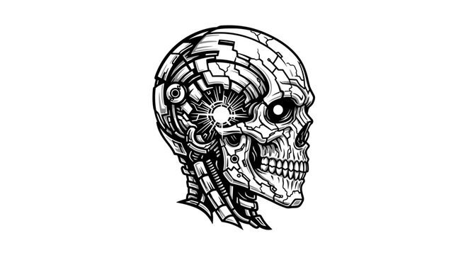 Profile view of cybernetic robot skull with tech parts.