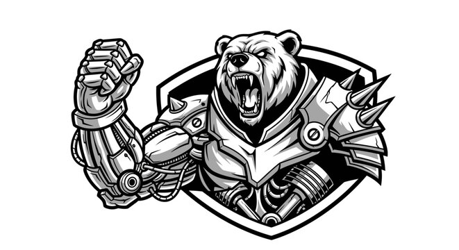 Robotic bear head mascot inside shield crest design.