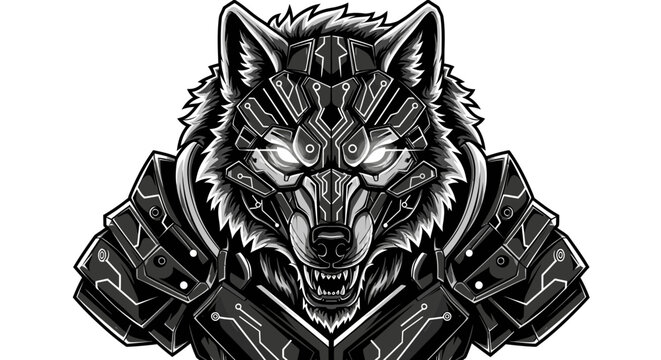 Robotic cyber wolf head with armored plates and mechanical parts.