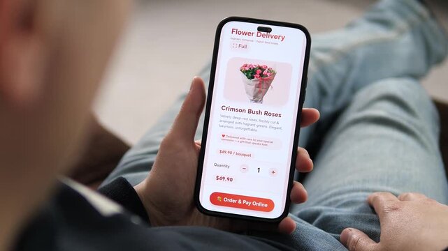 Modern man ordering a bouquet of crimson roses through a flower delivery mobile app at home. High-quality UI, UX footage showcasing effortless gifting and digital convenience. Perfect for retail and