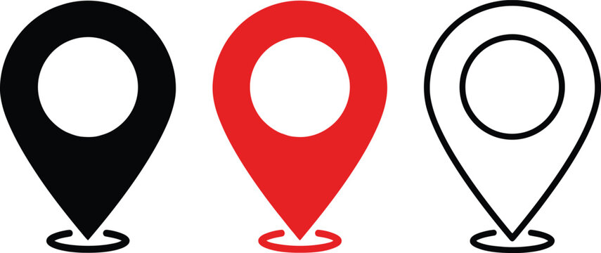Map Location Pin Pointer Icon Set in Black and Red Vector for Navigation Apps, Travel Guides & Digital Cartography (EPS)