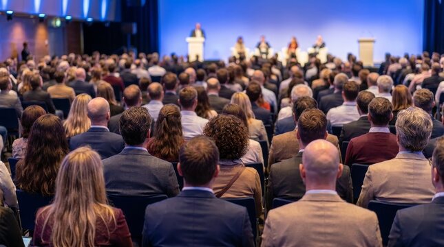 Business and entrepreneurship symposium. Speaker giving a talk at business meeting. Audience in the conference hall. Professional audience at a corporate conference seminar with a speaker on stage.