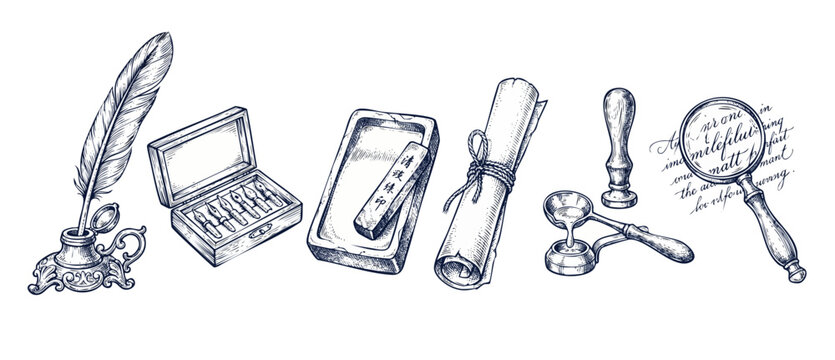 Vintage calligraphy set writing tools with feather quill pen, inkwell, inkstone, wax seal stamp, magnifying glass, and parchment scroll. Rustic hand drawn sketch elements isolated on white background.