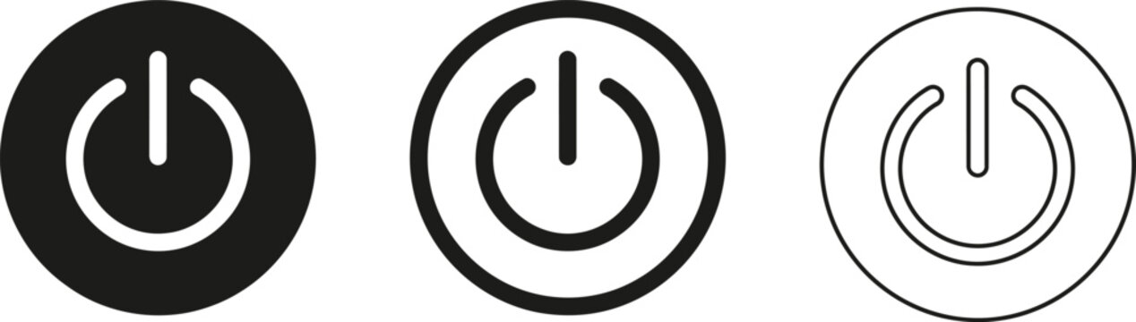 Set of power button icons, vector illustration of start and shutdown symbols in different styles