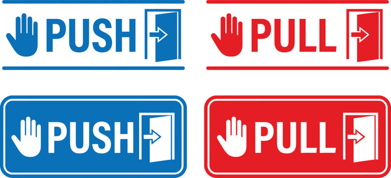 Push and pull door signs set with hand icons and arrow symbols for entrance and exit