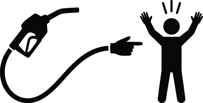 Gas pump nozzle pointing at a person with hands up in surrender or shock