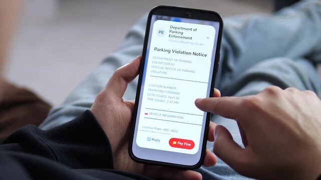 Viewing a Parking Violation Notice on a smartphone. The screen displays citation details, vehicle info, and a red Pay Fine button. Perfect for municipal services, digital citations, and civic tech