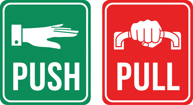 Push and pull door signs, green and red stickers with hand icons for entrance and exit