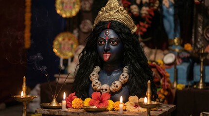 Dark skinned deity statue adorned with golden crown and floral garland stands amidst candles and offerings in dimly lit ceremonial setting © Itzz