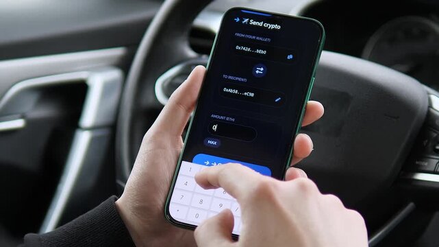 Hands using a smartphone to send Ethereum. The screen shows balance, address entry, confirmation, and a success receipt. Ideal for illustrating cryptocurrency trading, wallets, and DeFi technology.