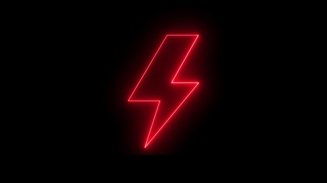 Neon red color battery charging power fast animation icon on black background.  Neon lightning bolt, glowing sign.