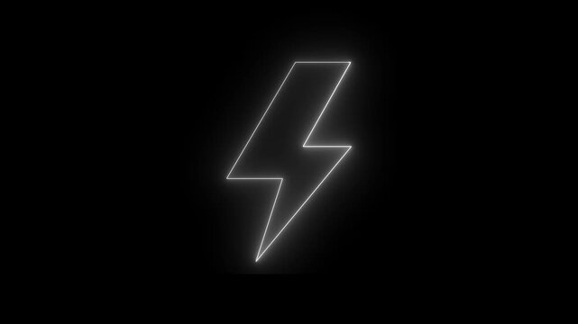 Neon white color battery charging power fast animation icon on black background.  Neon lightning bolt, glowing sign.