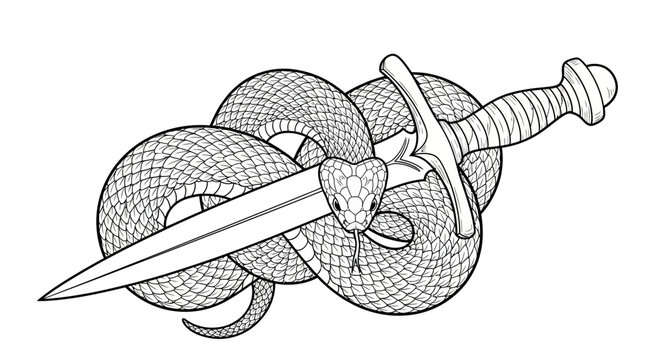 Snake coiled around a sword illustration monochrome vector design