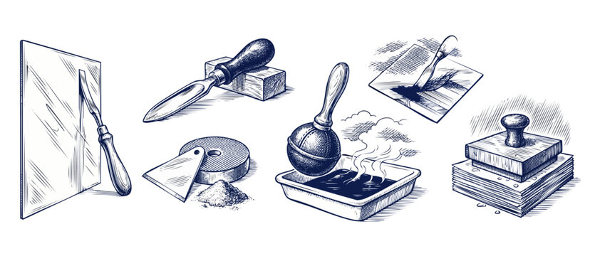 Printmaking tools engraving lithography etching vintage sketch icons set illustrating traditional woodcuts, fine art hand carving, copperplate preparation, ink dabber, and block printing press crafts.