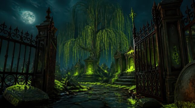 Enchanting Victorian Cemetery Entrance Under a Full Moon with Luminescent Crypts and Weeping Willow