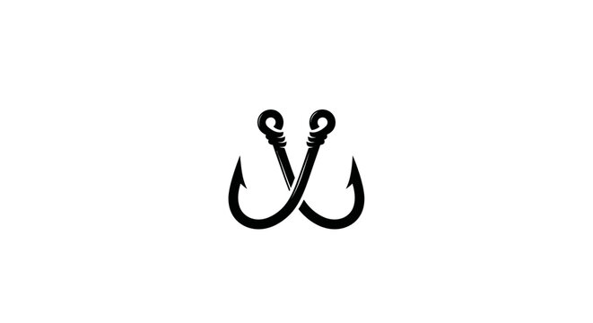 Simple Angled Double Fishing Hooks Icon in Black on an Isolated White Background