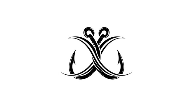 Distinctive X-Shaped Double Fishing Hooks Icon in Black on an Isolated White Background