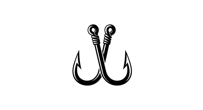 Two Intertwined Fishing Hooks Icon in Black on an Isolated White Background