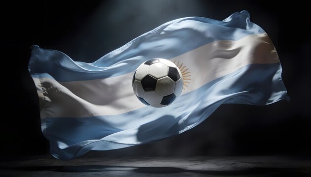 Argentina Flag Silk Fabric Flying with Soccer Ball, Sun of May Emblem Waving in Wind, Football Sport Concept
