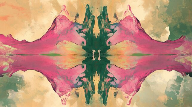 Abstract Fluid Art Background with Symmetrical Pink and Green Paint Strokes