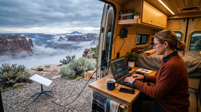 Female digital nomad working on a laptop inside a camper van overlooking a fog-covered canyon, representing remote work, van life, coding, travel freedom, and location-independent living.