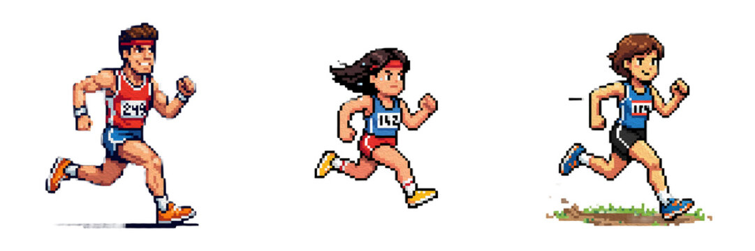 Pixel Art Runners Collection: Dynamic Retro 8-Bit Style Characters Jogging and Racing, Isolated on White Background for Gaming and Sports Design Projects
