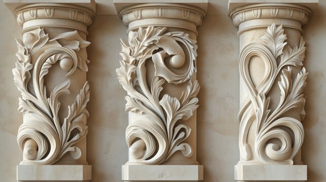 Ornate Classical Carved Stone Columns with Acanthus Leaf Reliefs and Decorative Scrolls
