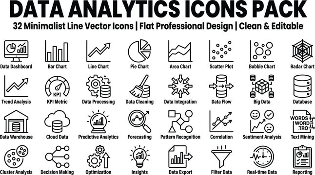 Data Analytics and Business Intelligence Outline Icon Collection Featuring Visualization Reporting Insights and Predictive Analysis