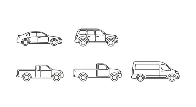 Outlined car collection sedan suv pickup trucks and van silhouettes
