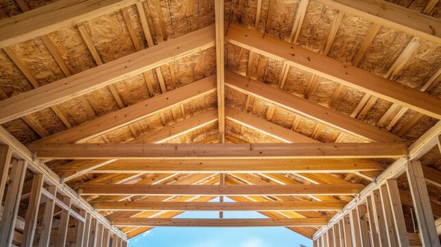 Interior view of new wooden roof framing and exposed wall studs in a residential house under construction with visible blue sky