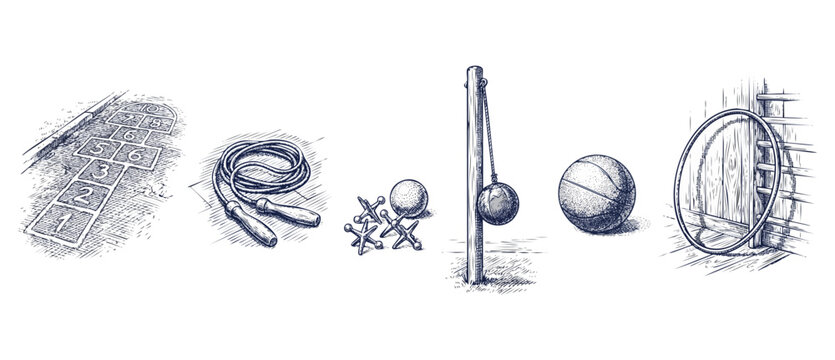 Vintage playground games sketch illustration of classic outdoor toys including hopscotch, jump rope, jacks, tetherball, basketball, and hula hoop. Retro hand drawn engraving line art on white.