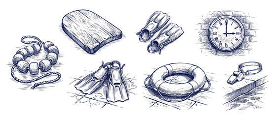 Vintage swimming pool equipment sketch set featuring swim fins, lifebuoy, kickboard, whistle, lane divider, and wall clock isolated on white in hand drawn engraving style for retro sport design. © Dinali