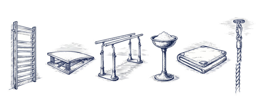 Gymnastics equipment vintage sketch set featuring detailed hand-drawn parallel bars, Swedish stall ladder, springboard, chalk stand, folding mat, and climbing rope for retro physical sports training.