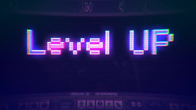 Handheld tracking shot of neon level up text glitching and shifting on retro arcade game screen with rgb chromatic aberration and scanline distortion