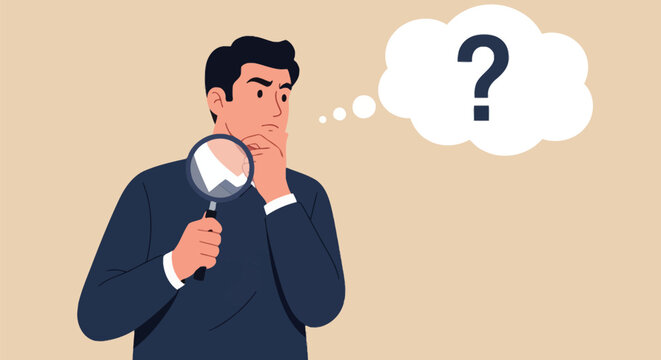 Man with magnifying glass thinking about question mark, deep contemplation and problem solving, searching for answers, confusion, seeking clarity.