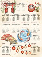 2026-2027 Japanese Calendar with Cultural Icons and National Holidays