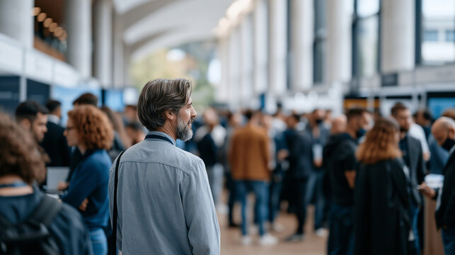 Wide crowd scene at a cybersecurity industry career fair with job seekers and recruiters gathered at company booths, skills shortage awareness, workforce pipeline event, autumn