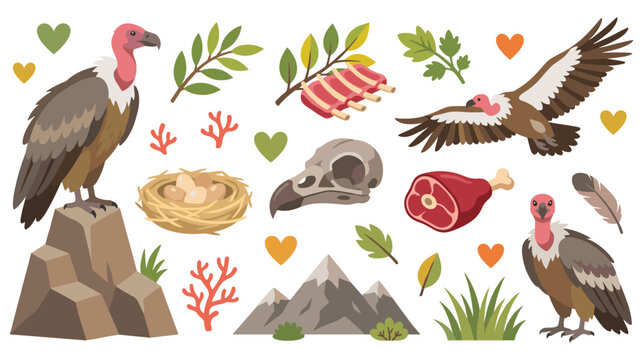 Scavenger bird collection with bones and mountain scenery.