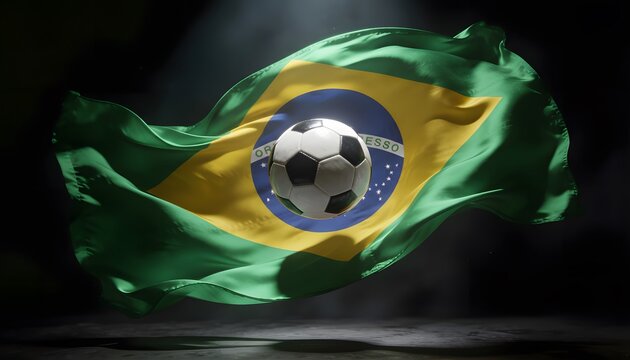 Brazil Flag Silk Fabric Flying with Soccer Ball, Green Yellow Blue Waving in Wind, Football Sport Concept