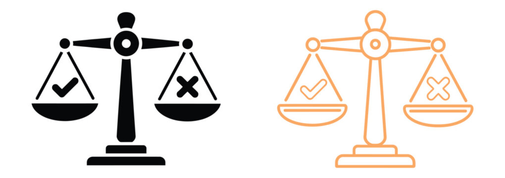 Scales of justice icons in four color variations, representing legal balance, fairness, law enforcement, judicial systems, and professional legal services.