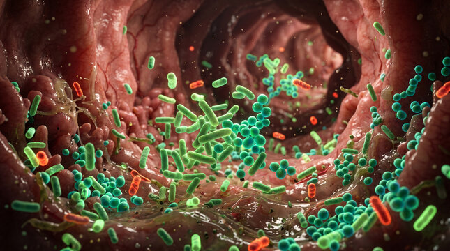 Microscopic view of gut microbiome bacteria inside the human intestine