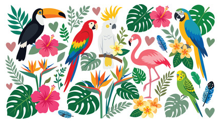 Obraz premium Tropical birds and flowers including flamingo parrot toucan.