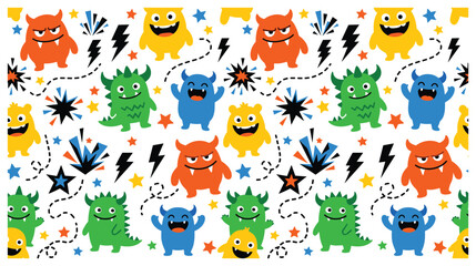 Fototapeta premium Funny monster pattern with cute characters and symbols.